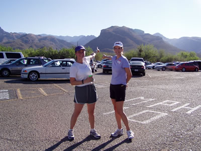 Jennie and Kathy at Sabino Canyon Parking Lot--see where we just ran?
